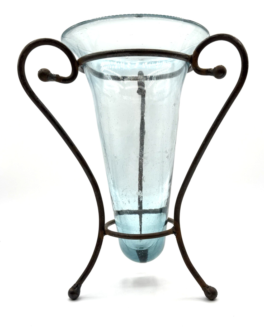 Hand Blown Rycicle Glass Aqua Vase Set in Black Iron Metal Stand 10.5"